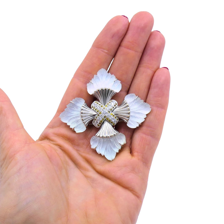 Seaman Schepps 18k Gold Diamond Maltese Cross Brooch Carved Rock Crystal Sapphire