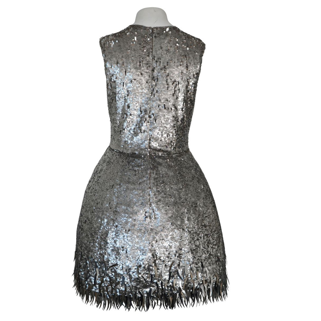 Oscar de la Renta Silver Sequined Fringe Mini Dress