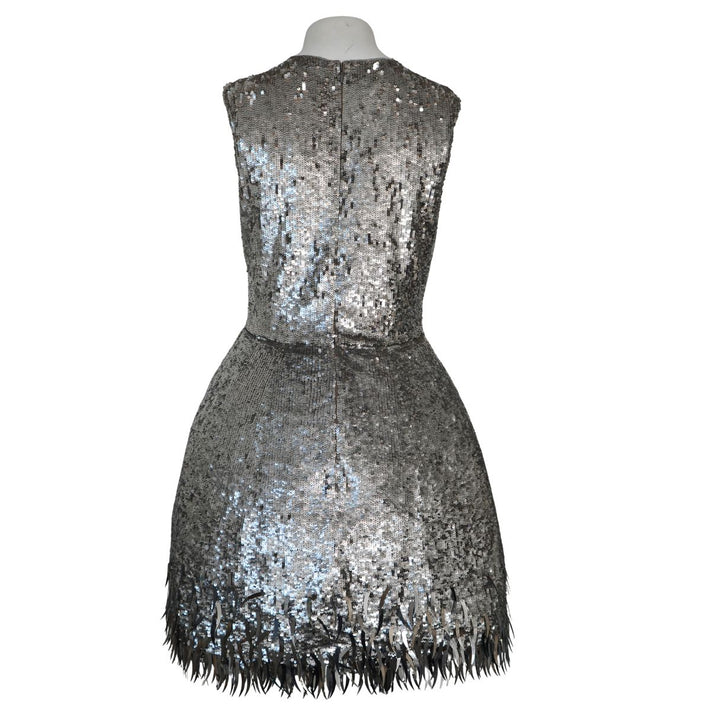 Oscar de la Renta Silver Sequined Fringe Mini Dress