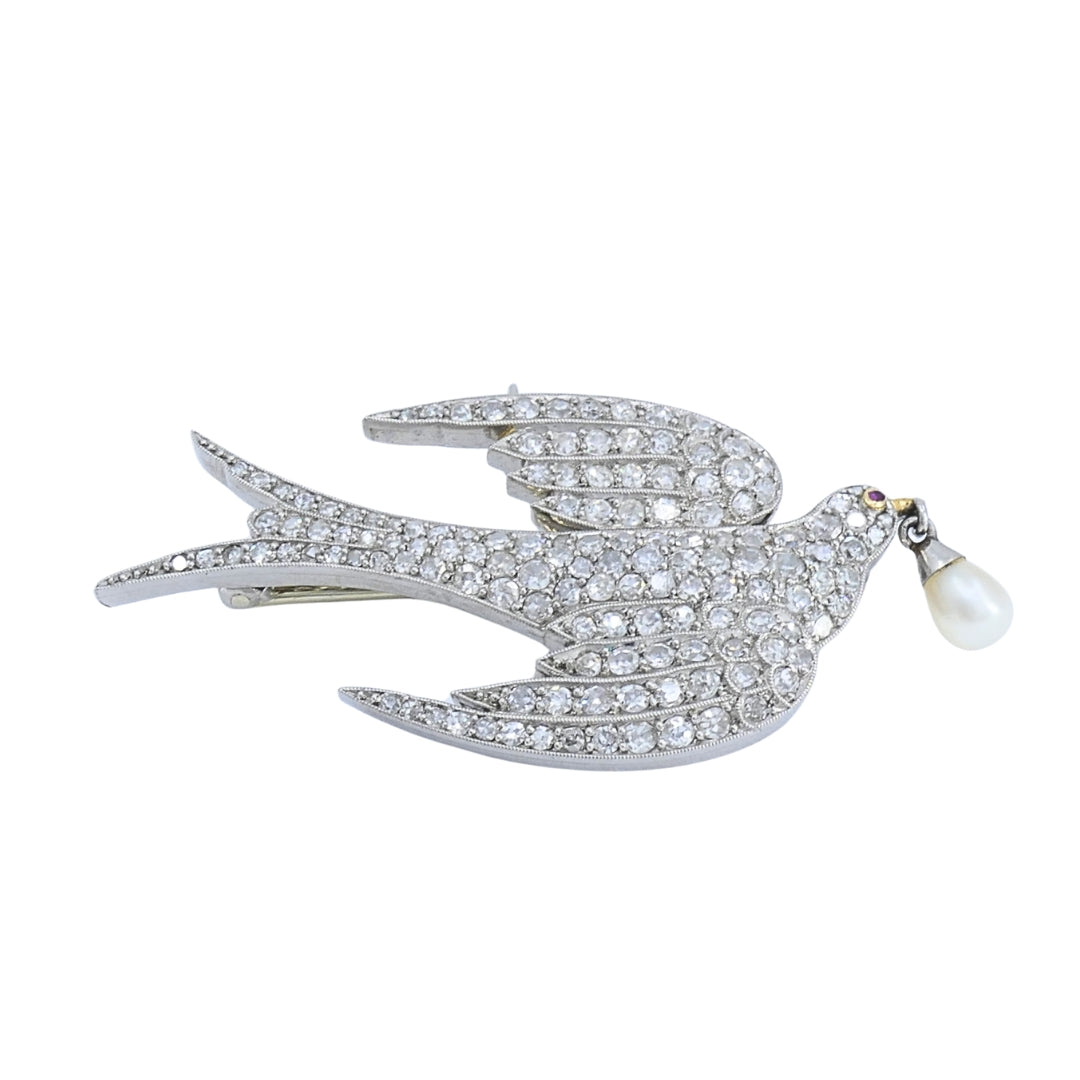Diamond Pendant Bird Pin with Pearl Drop