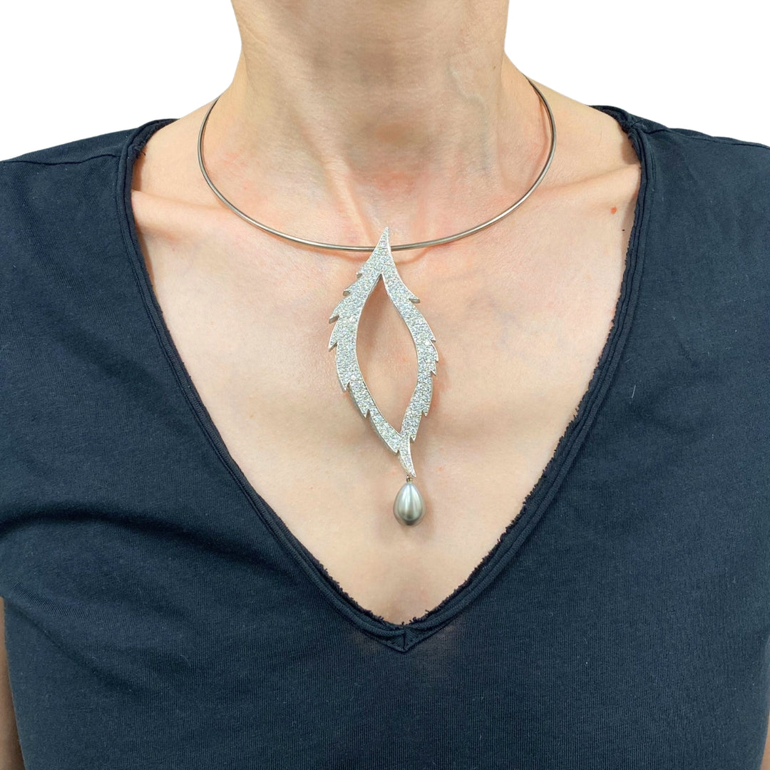 Grima 18k White Gold Diamond Tahitian Pearl Convertible Necklace Brooch