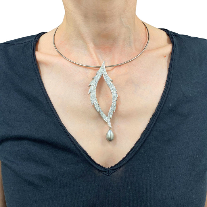 Grima 18k White Gold Diamond Tahitian Pearl Convertible Necklace Brooch