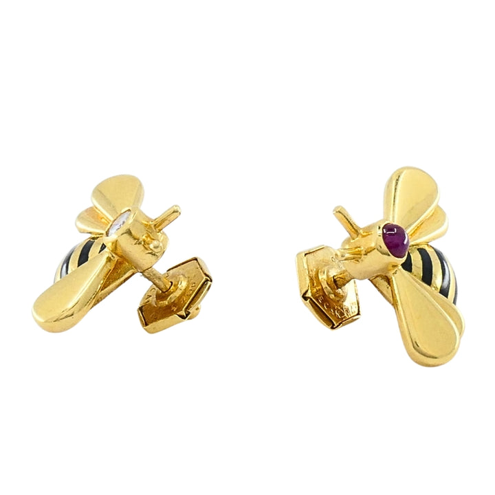 Cartier 18k Gold Bee Stud Earrings Ruby Diamond Accents