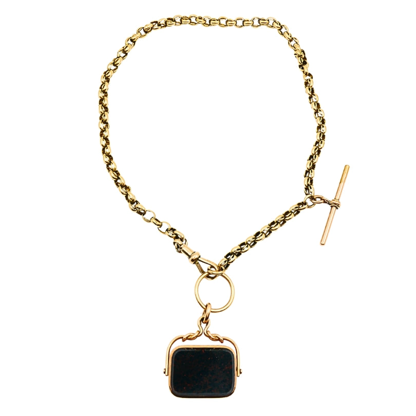 Antique 9k Gold Albert Chain Necklace Bloodstone Agate Pendant