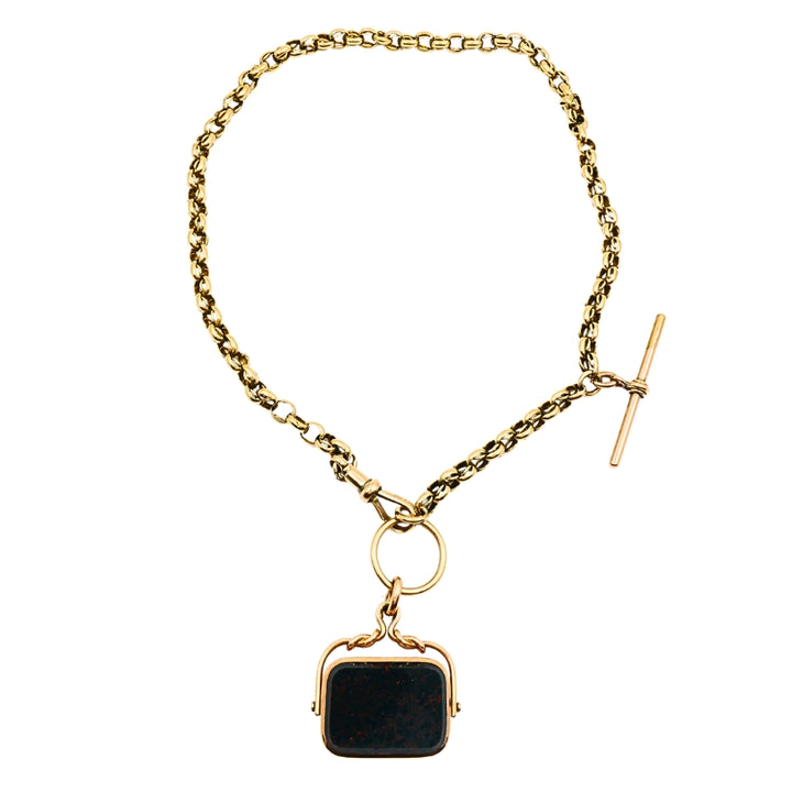Antique 9k Gold Albert Chain Necklace Bloodstone Agate Pendant