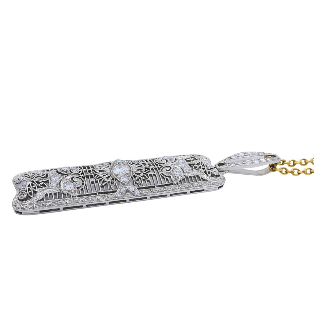 Art Deco Platinum Diamond Filigree Pendant 14k Gold Chain Necklace