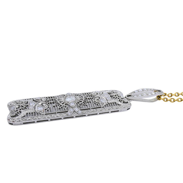Art Deco Platinum Diamond Filigree Pendant 14k Gold Chain Necklace