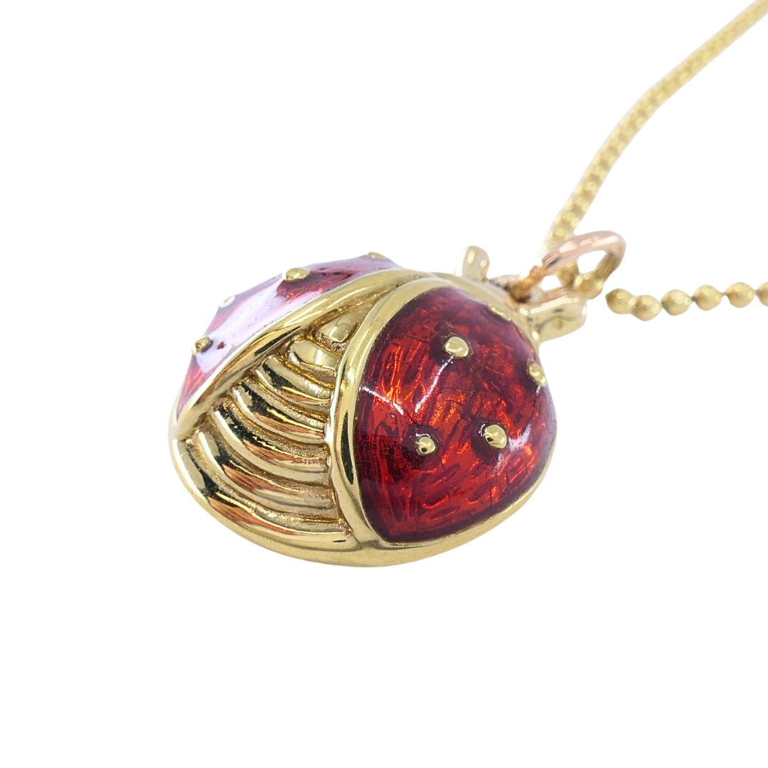 18k Gold Enamel Ladybug Pendant 14k Gold Chain Necklace