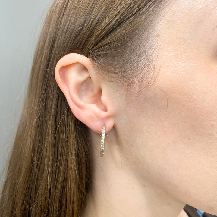 Vintage 14k  Gold Diamond Hoop Earrings with Flat Profile