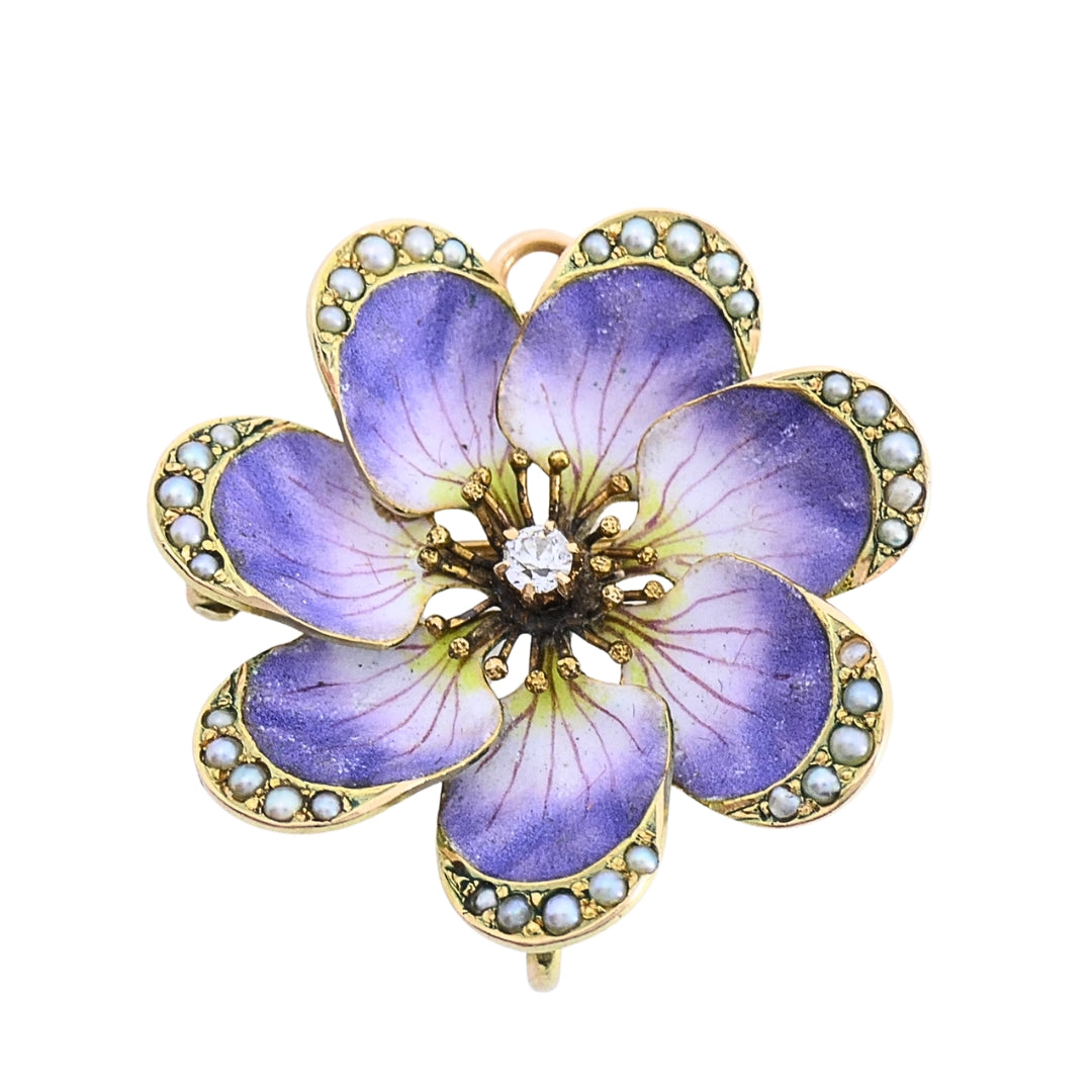 14k Gold Violet Flower Diamond Seed Pearl Pendant Brooch Necklace