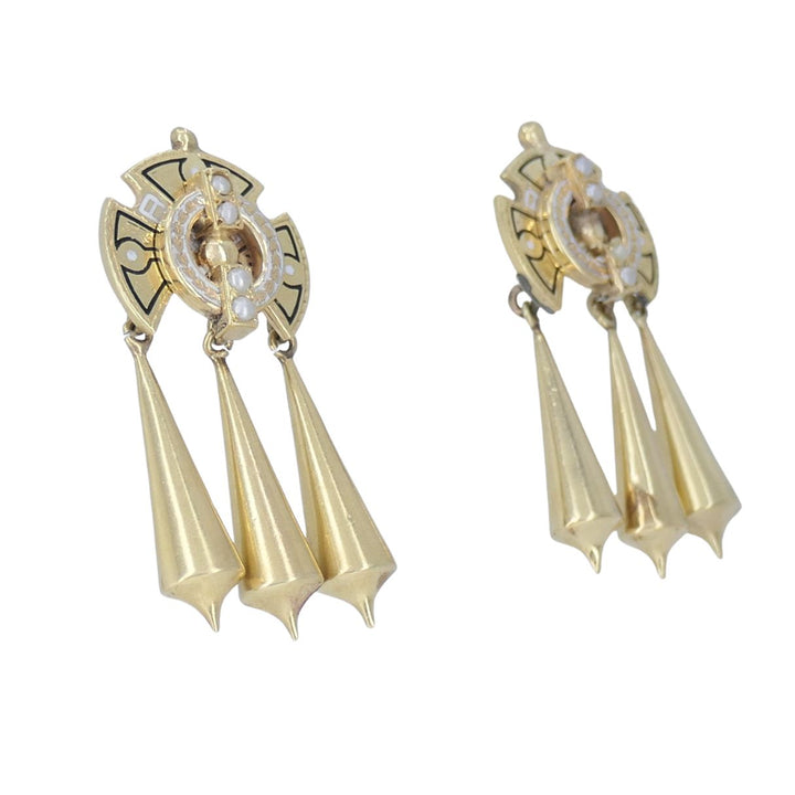 Victorian 14k Gold Enamel Seed Pearl Mechanical Drop Earrings