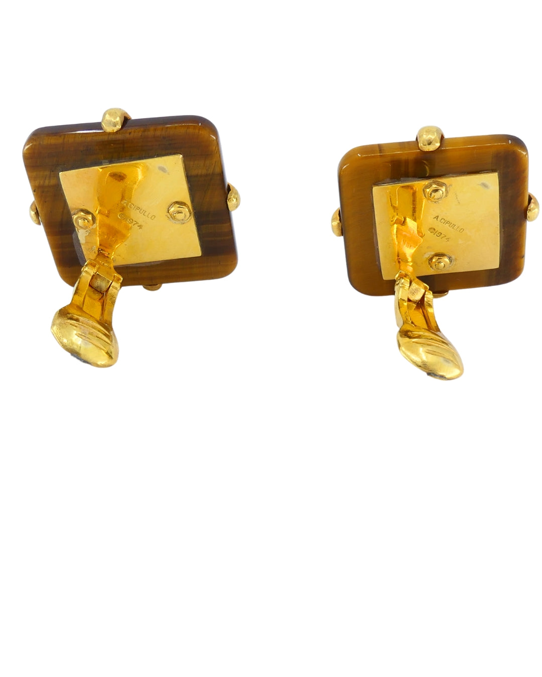 Aldo Cipullo Tiger’s Eye Earrings Chrysoprase 18k Gold Rhombus Shaped Earrings