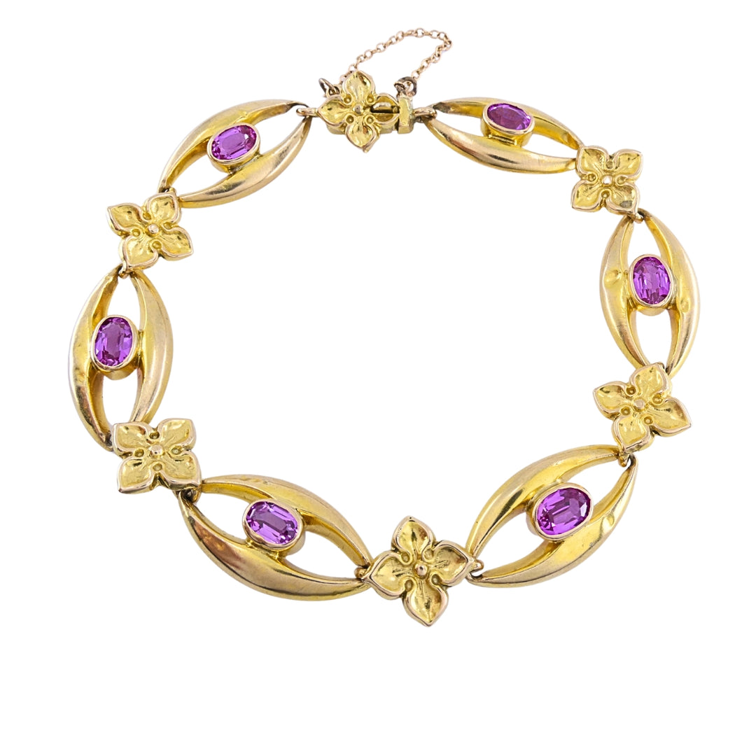 British 9k Yellow Gold Pink Sapphire Link Bracelet