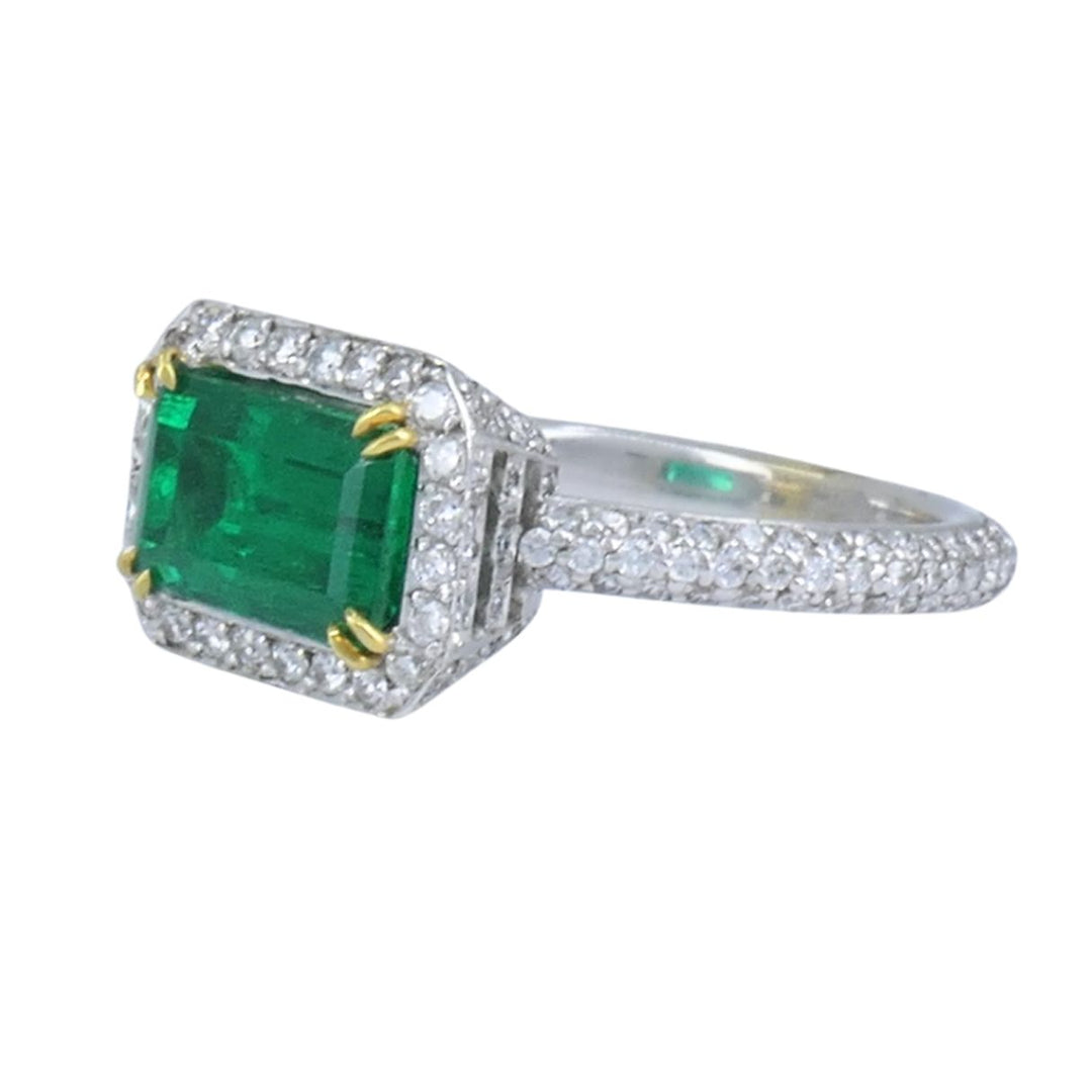 GIA Certified Colombian Emerald Diamond Ring 18k White and Yellow Gold