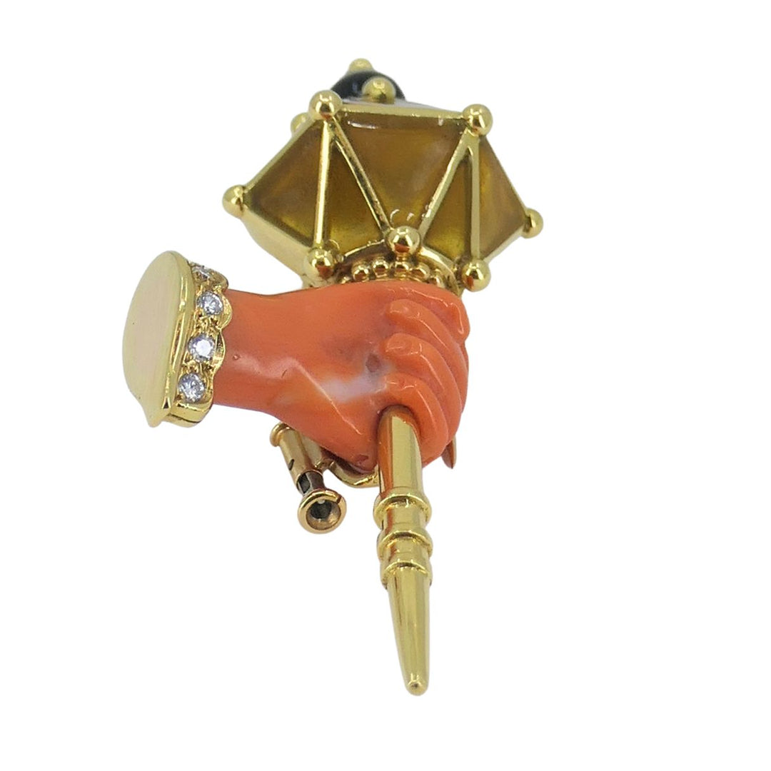 Vintage French 18k Gold Coral Diamond Clip Brooch
