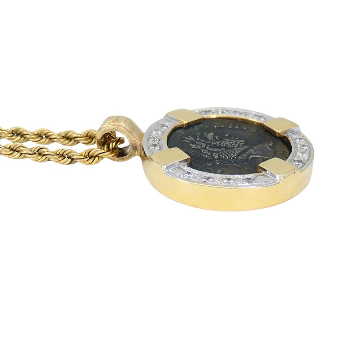 Vintage 14k Gold Diamond Ancient Coin Pendant Necklace