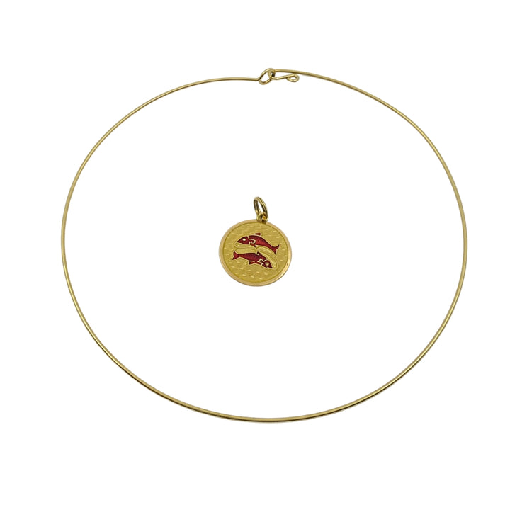 Vintage 18k Gold Red Enamel Necklace Pisces Pendant Zodiac Medallion