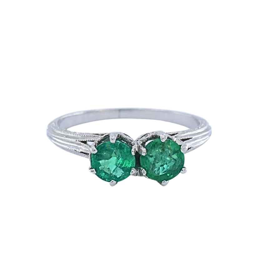 Vintage Platinum Toi et Moi Emerald Ring