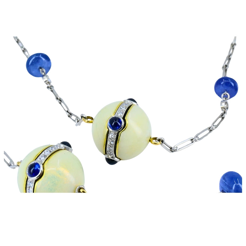 Art Deco Revival Platinum Chain Necklace Diamond Sapphire Enamel Beads