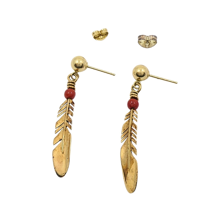 Ray Tracey 14k Gold Navajo Feather Drop Earrings Coral Beads