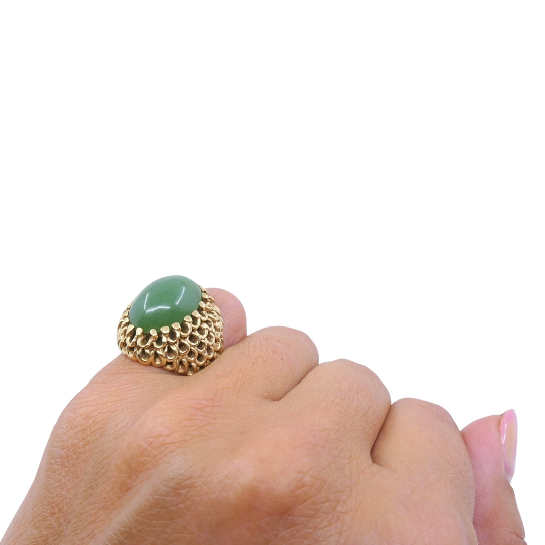 Vintage 14k Gold Green Jade Cabochon Cocktail Ring, Ornate Openwork Mounting