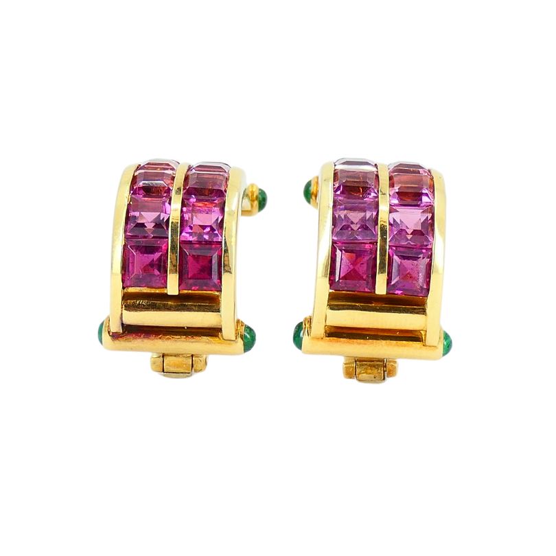 Vintage Bulgari 18k Gold Emerald Pink Tourmaline Earrings