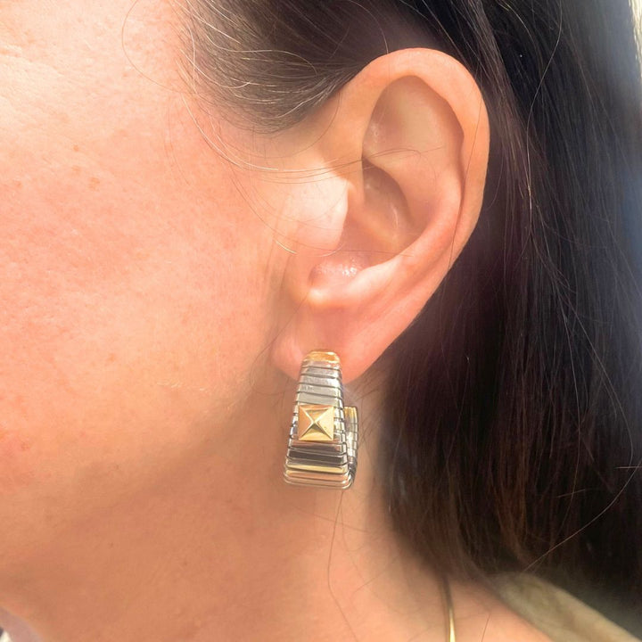Bvlgari 18k Yellow Gold & Steel Tubogas Pyramid Hoop Earrings