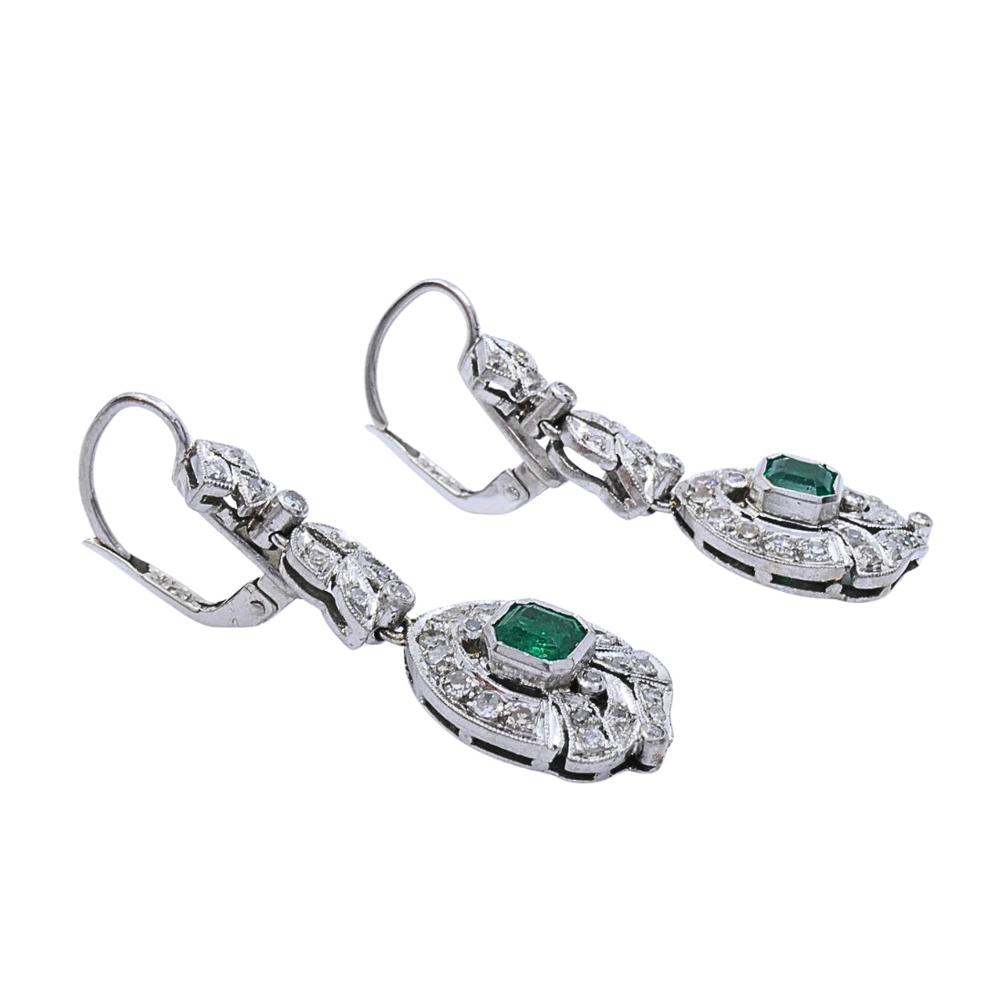 Art Deco-Style 12k White Gold Emerald Diamond Drop Earrings