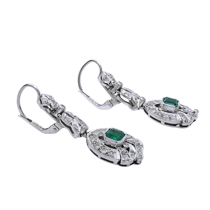 Art Deco-Style 12k White Gold Emerald Diamond Drop Earrings