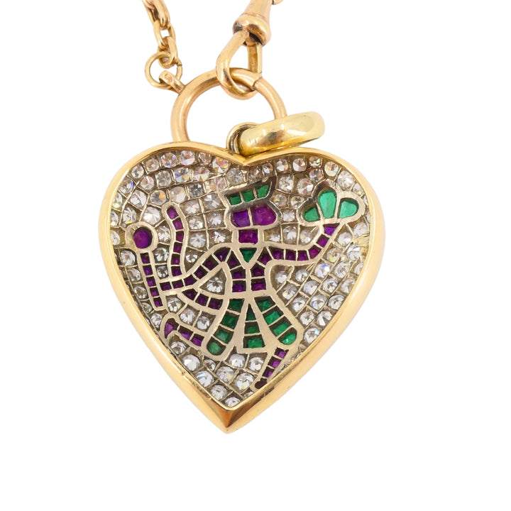 Vintage Heart Pendant Diamond Platinum Indian Mythology Motif 14k Chain