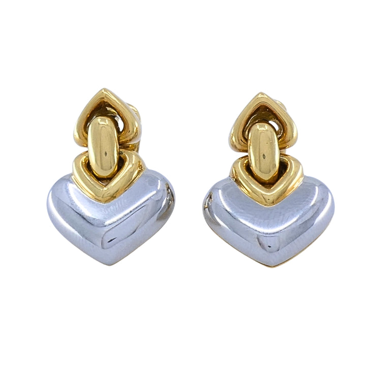 Bvlgari 18k Yellow Gold & Steel Doppio Cuore Heart Drop Bulgari Earrings