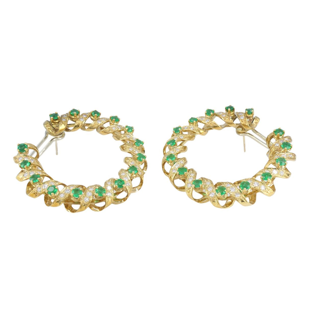 Vintage Asprey & Co. 18k Gold Diamond Emerald Circular Earrings