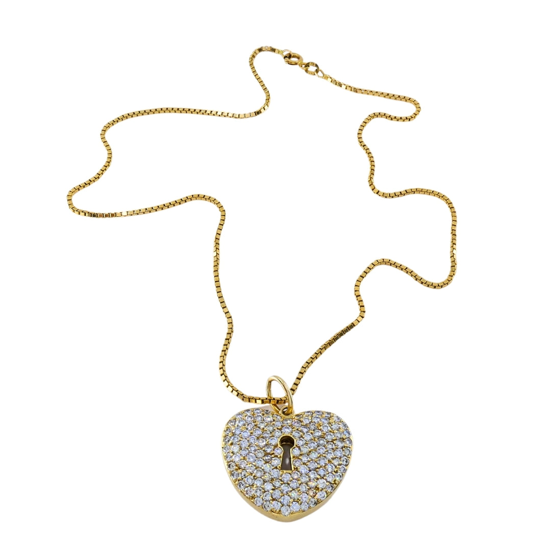 Vintage 18k Gold Pavé Diamond Heart Lock Pendant Necklace 14k Box Chain