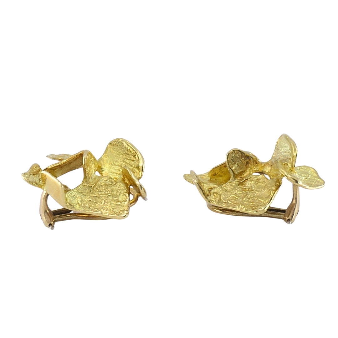 Vintage 18k Gold Modernist Abstract Floral Design Textured Clip-On Earrings