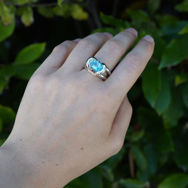 Vintage Marina B 18k White & Yellow Gold Aquamarine Diamond Ring