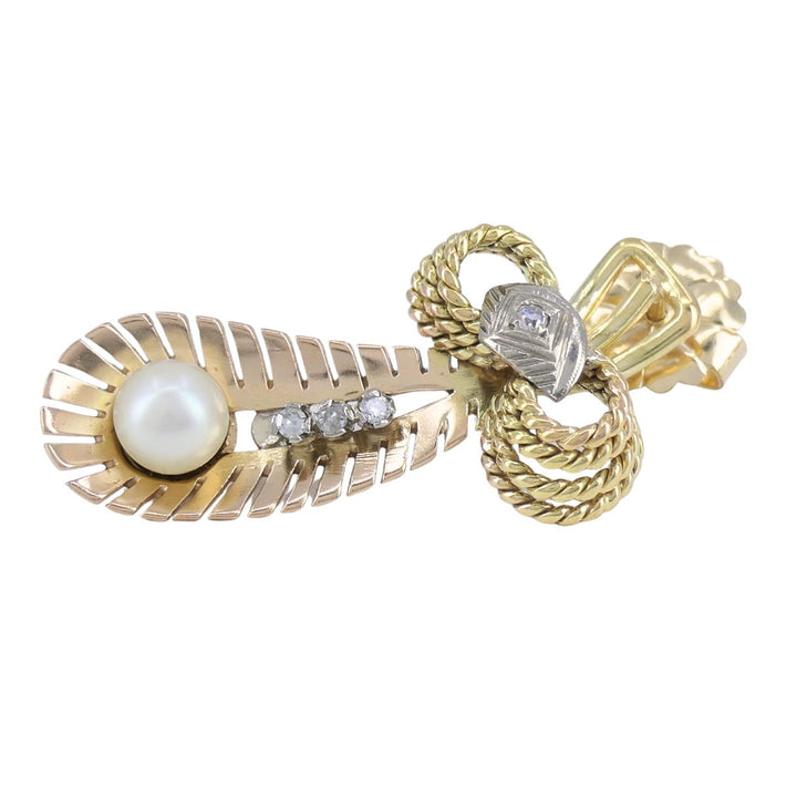 Retro 14k Tri Color Gold Diamond & Pearl Earrings Circa 1940s