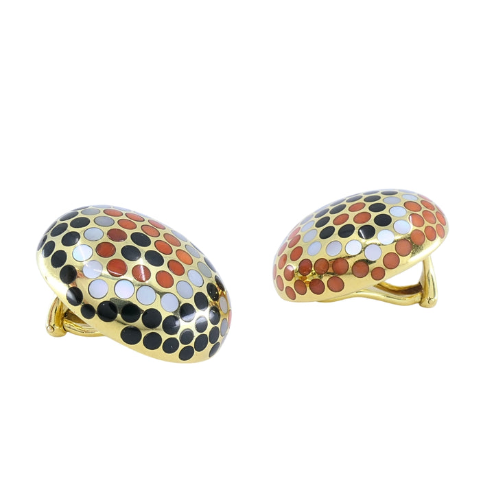 Angela Cummings 18k Gold Mother-of-Pearl Onyx Coral Inlay Dot Dome Earrings