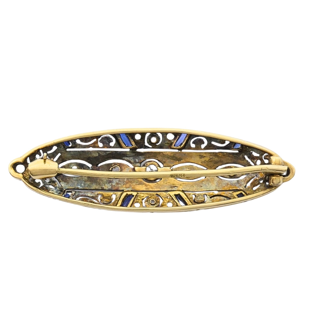 Art Deco 18k Gold Diamond Sapphire Navette Brooch