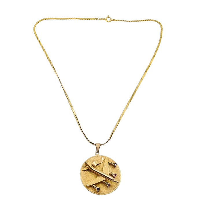 Vintage 14k Gold Airplane Pendant Gemstones 18k Gold Chain Necklace