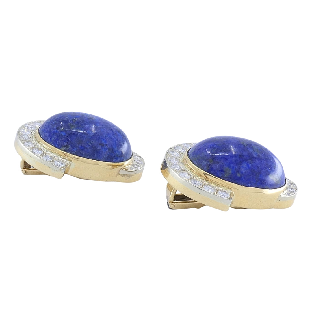 Sterlé Paris 14K Gold Lapis Lazuli Diamond Clip-On Earrings, circa 1960s - 1970s