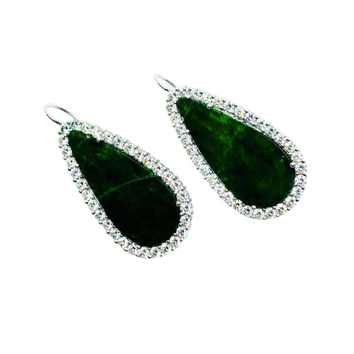 Carved Jadeite Diamond Earrings 18k White Gold