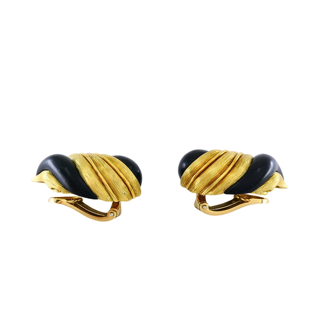 Henry Dunay 18k Gold Ebony Wood Clip-On Earrings, Vintage 1980s