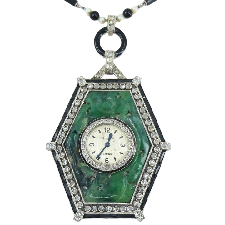 Art Deco Jaeger-LeCoultre Watch Pendant Jade Black Onyx Seed Pearl Necklace