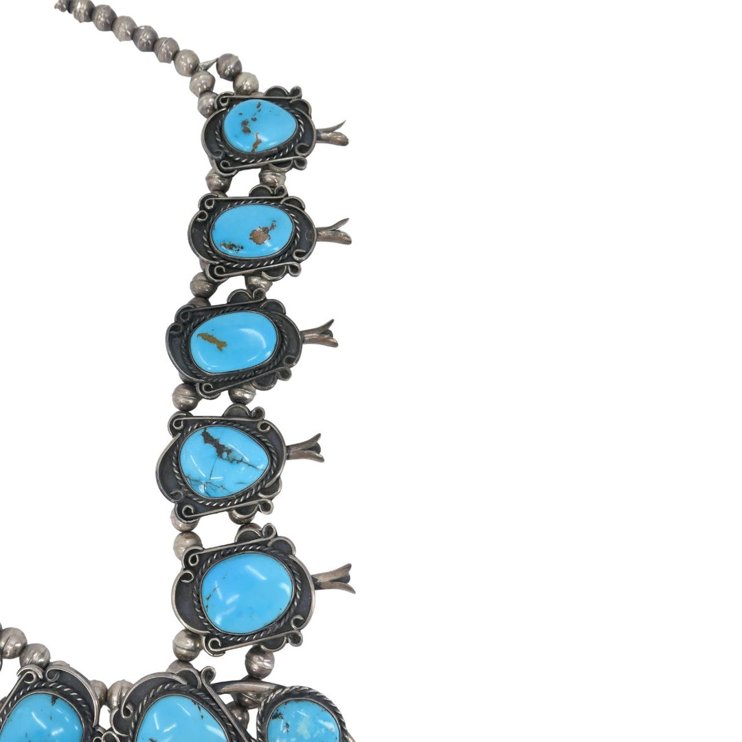 Navajo Native Indian Sterling Silver Turquoise Squash Blossom Necklace