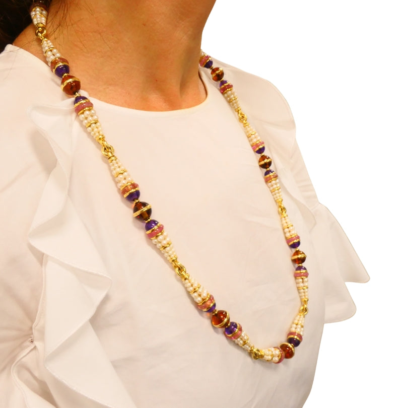 Vintage Bvlgari 1990s Bulgari 18k Gold Gemstone Pearl Necklace Estate Jewelry