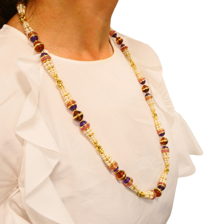 Vintage Bvlgari 1990s Bulgari 18k Gold Gemstone Pearl Necklace Estate Jewelry