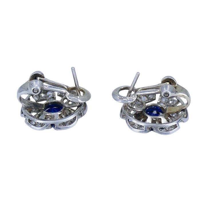 Vintage French Sapphire Diamond Platinum 18k White Gold Cluster Earrings