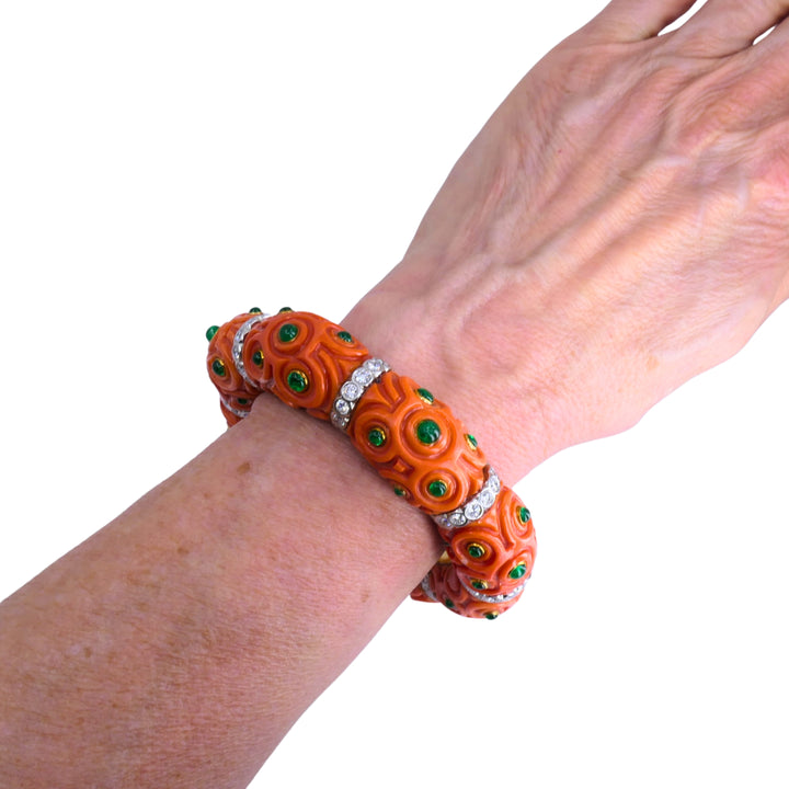 Steven Grotell Platinum and 18k Gold Bracelet Diamond Emerald Carved Coral