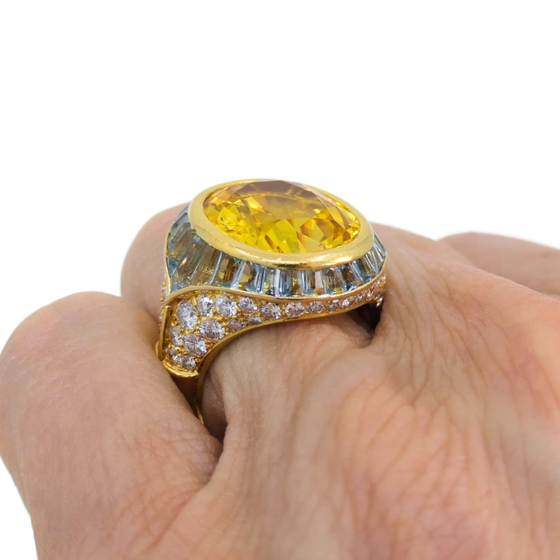 Bvlgari Bulgari Yellow Sapphire Ring Gold Aquamarine Diamond Vintage Jewelry