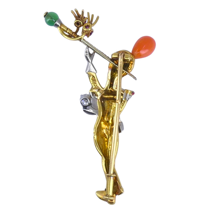 18k Gold Brooch Diamond Coral Enamel & Gem-Set Military Musician French Jewelry